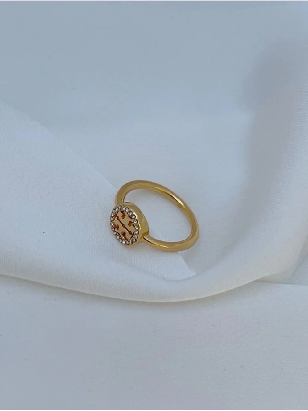 Tory Burch Gold Logo Ring with Crystal Border